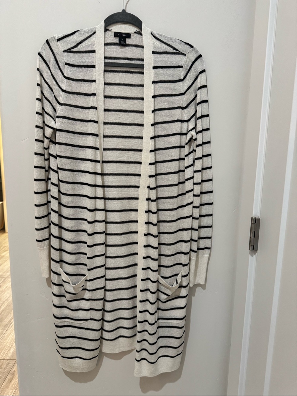 Halogen Cream and Black Striped Open-Front Long Cardigan